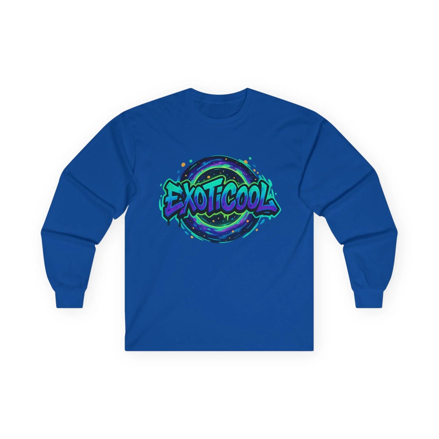 Blue long sleeve shirt with EXOTICOOL graffiti logo and colorful graphic design