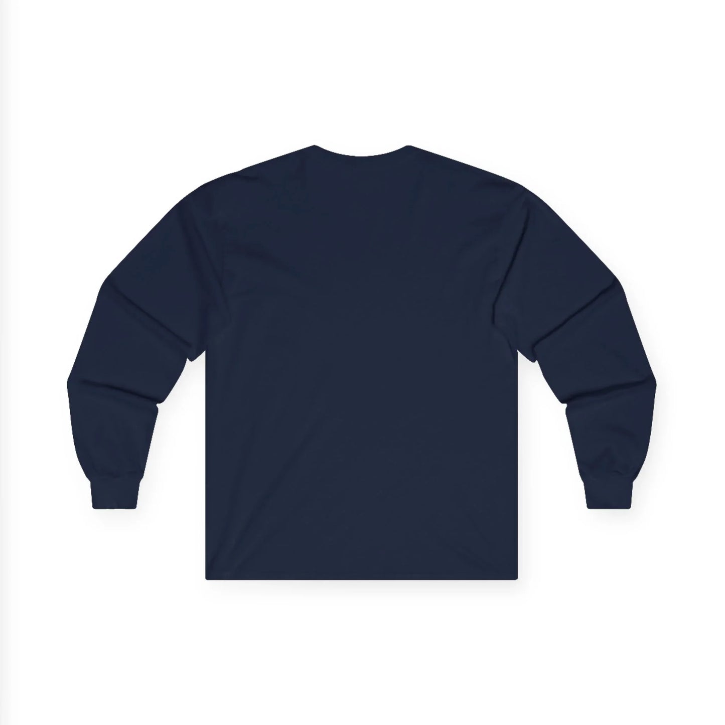 Plain navy blue long sleeve shirt flat lay, blank back, unisex casual apparel