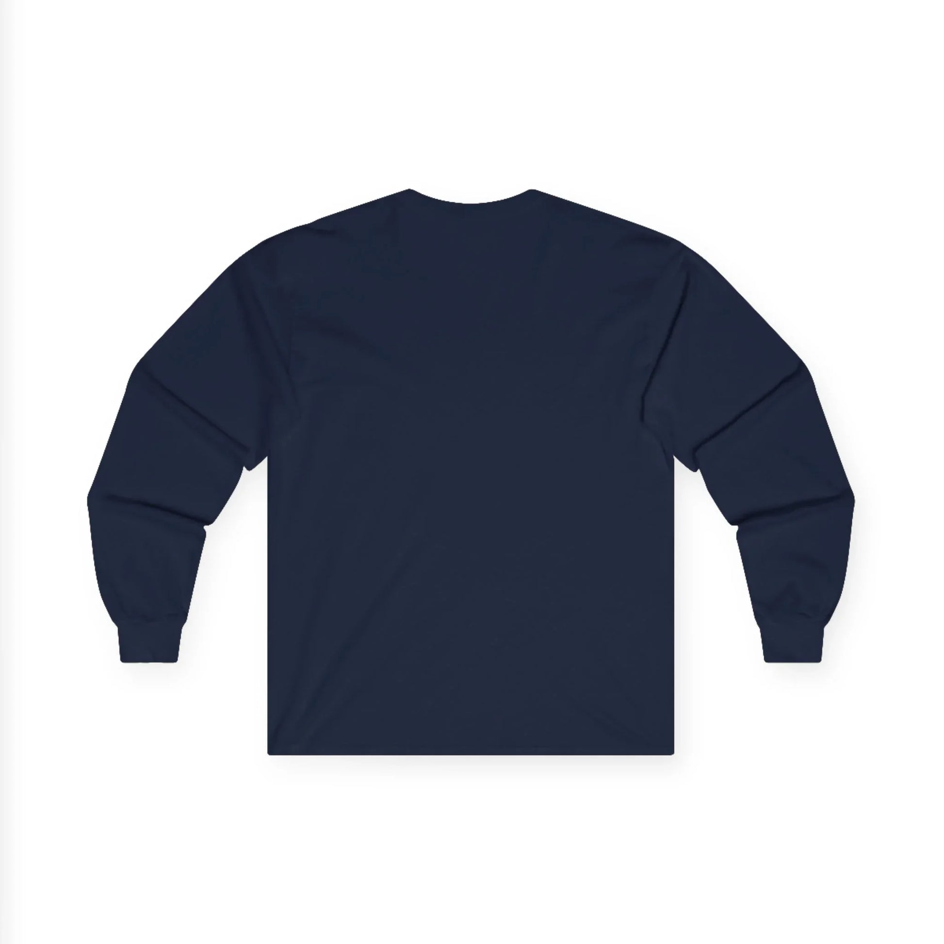 Plain navy blue long sleeve shirt flat lay, blank back, unisex casual apparel
