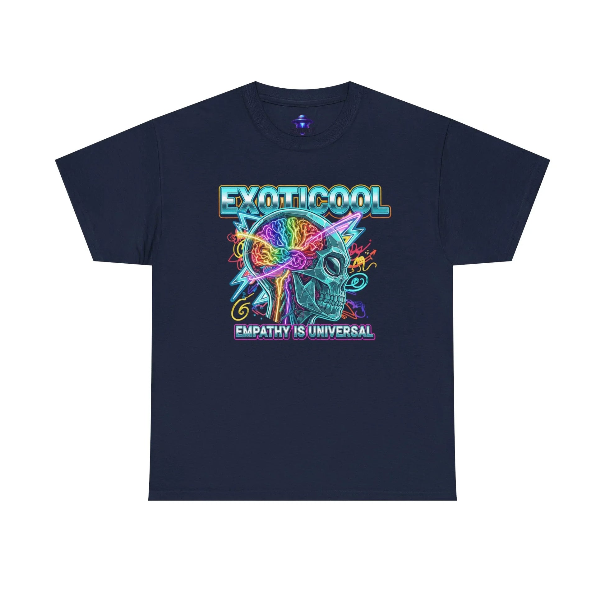 EXOTICOOL navy t-shirt with neon skull and brain graphic, empathy is universal slogan