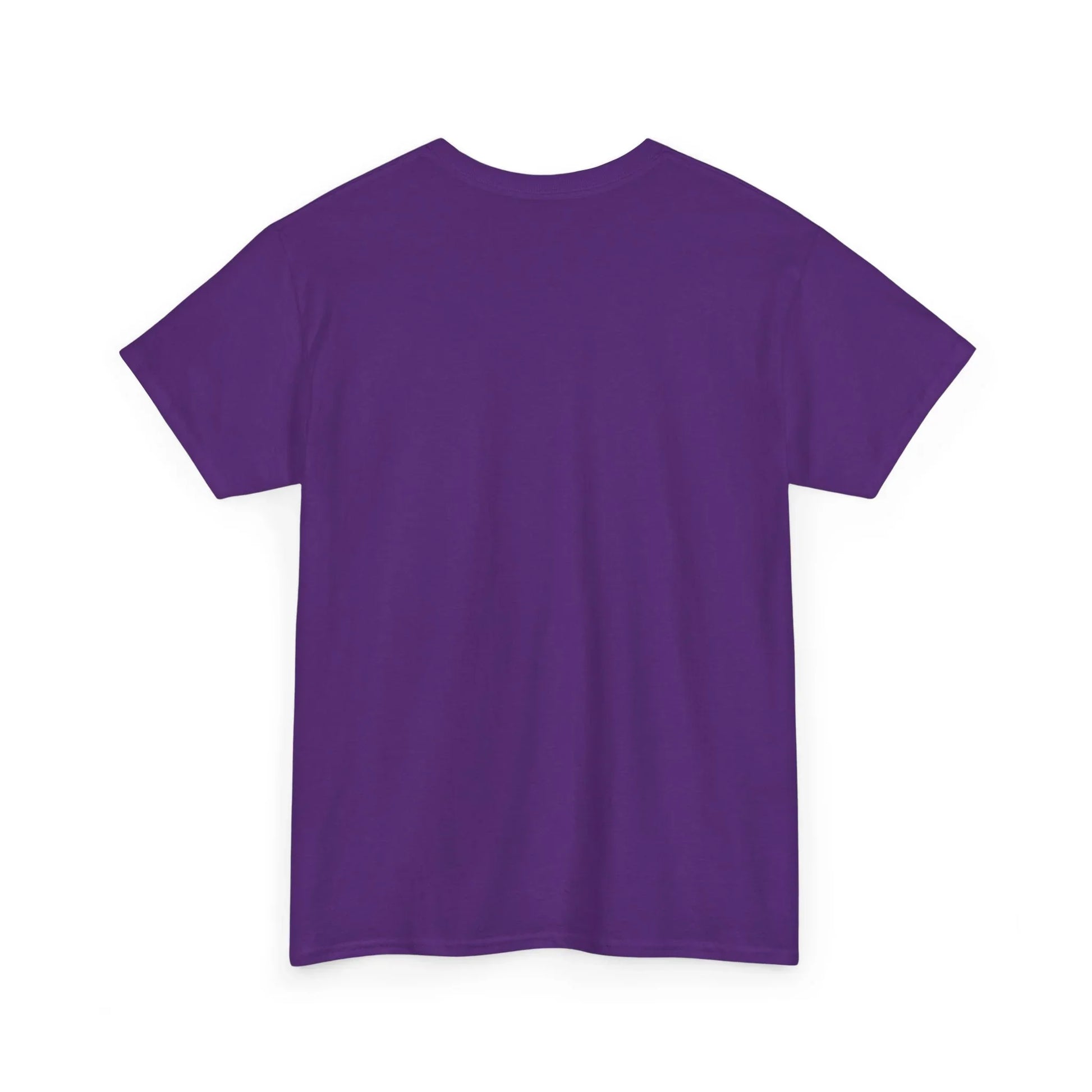 Plain purple t-shirt back view, short sleeves, cotton fabric, solid color tee