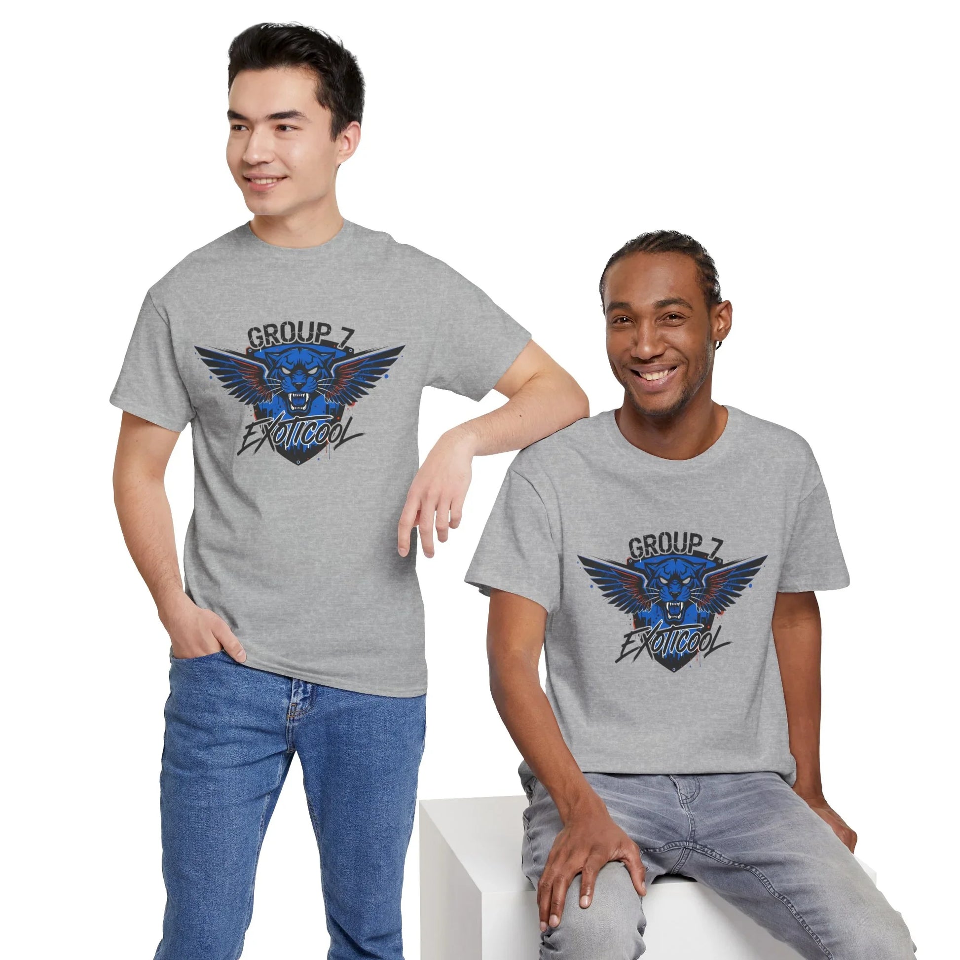 Two men wearing grey Group 7 Exoticoo graphic t-shirts with blue winged lion design