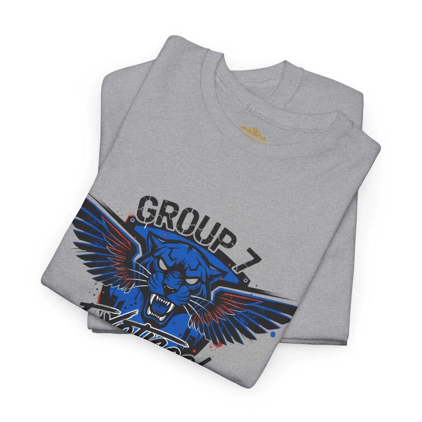 Gray Group 7 t-shirt with blue panther and wings graphic, folded on white background