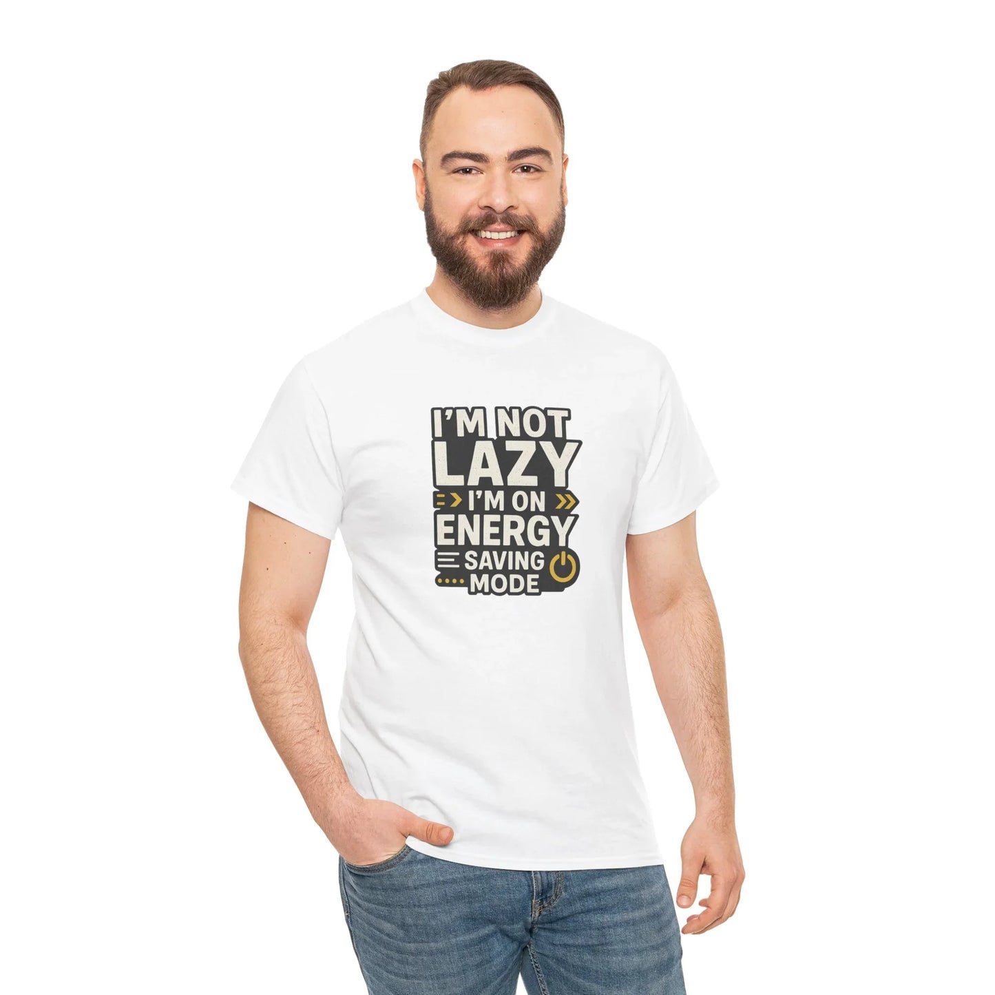 Man wearing white t-shirt with 'I’m not lazy I’m on energy saving mode' slogan, casual style