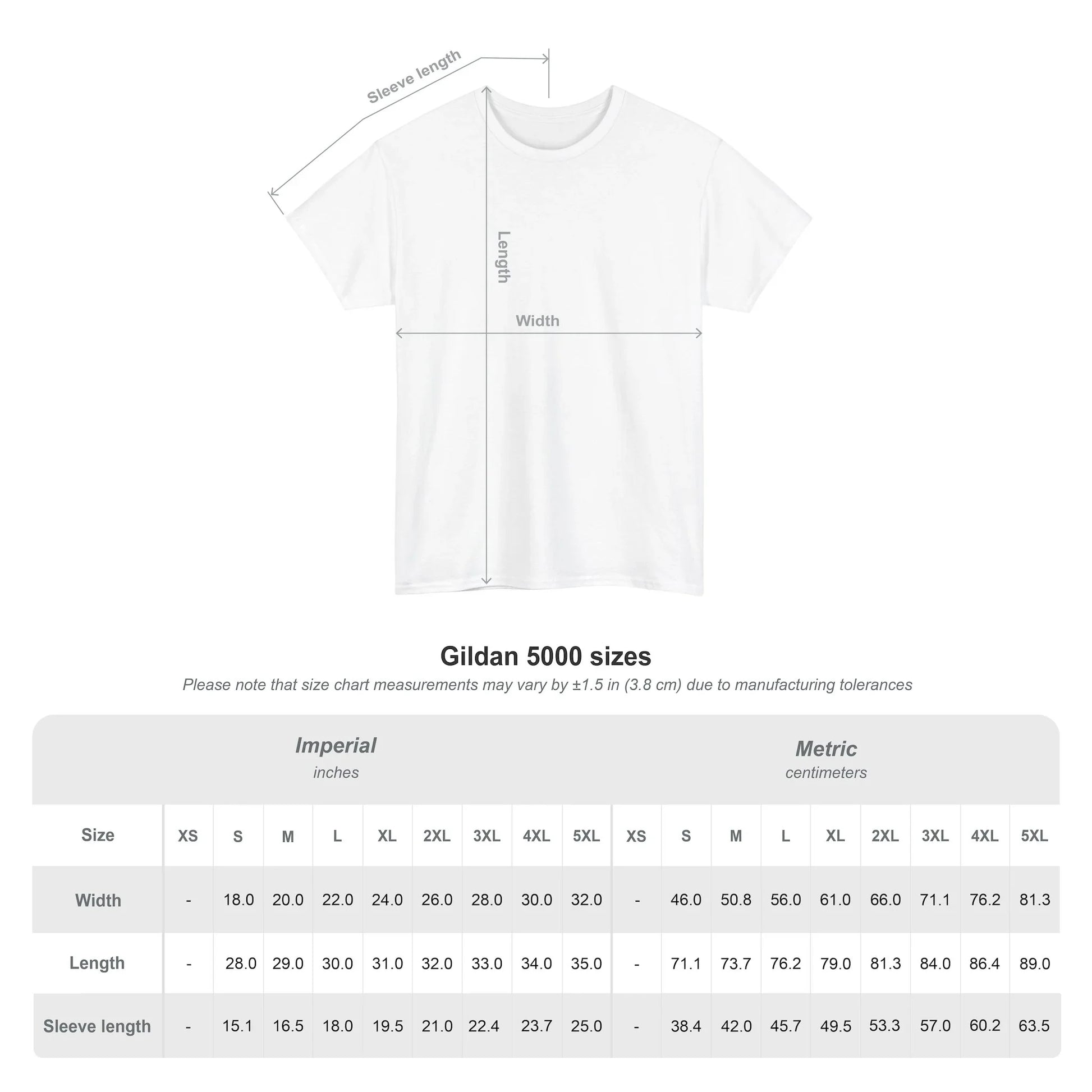 Gildan 5000 size chart with t-shirt diagram showing width, length, sleeve measurements in inches and cm