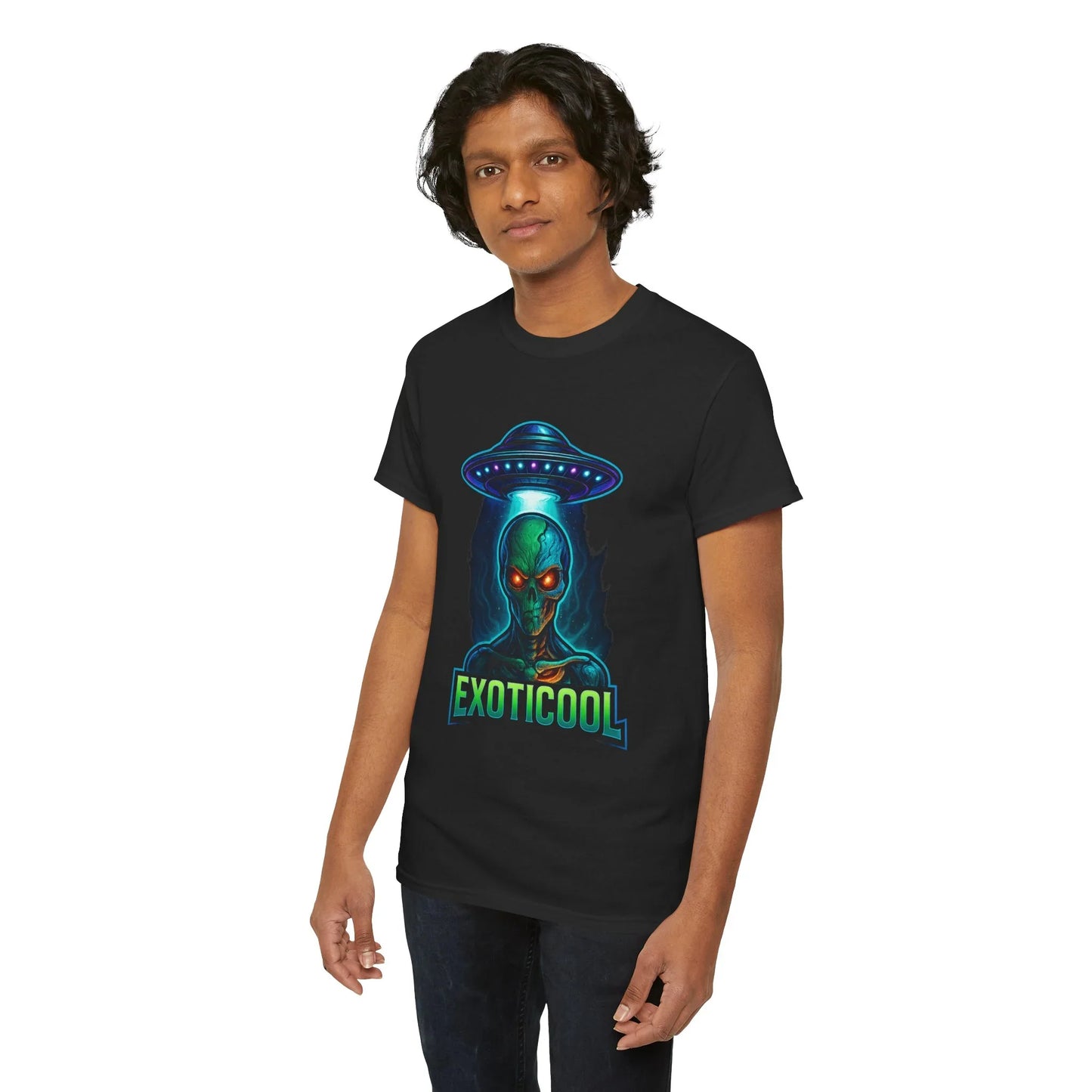 Man wearing black EXOTICOOL t-shirt with neon green alien and UFO graphic design