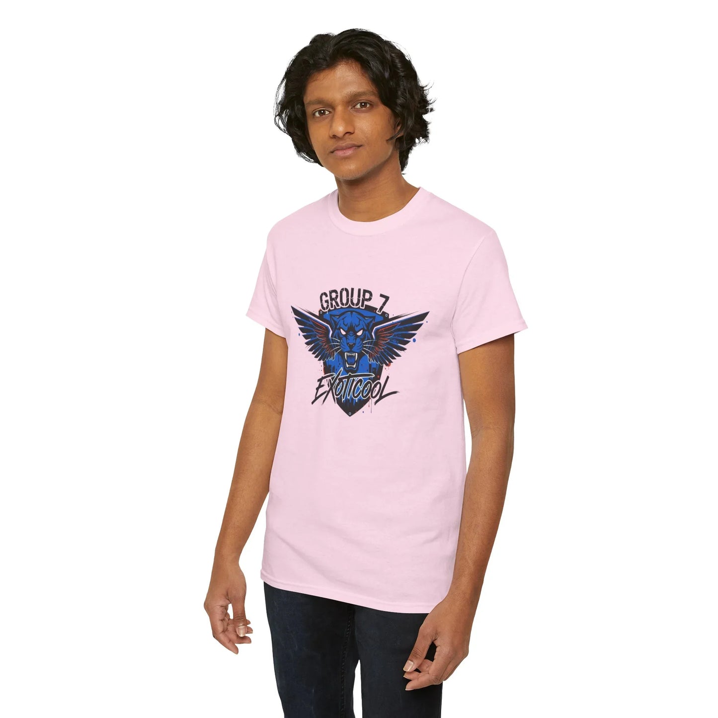 Man wearing pink Group 7 Exoticoool graphic t-shirt with blue lion and wings design