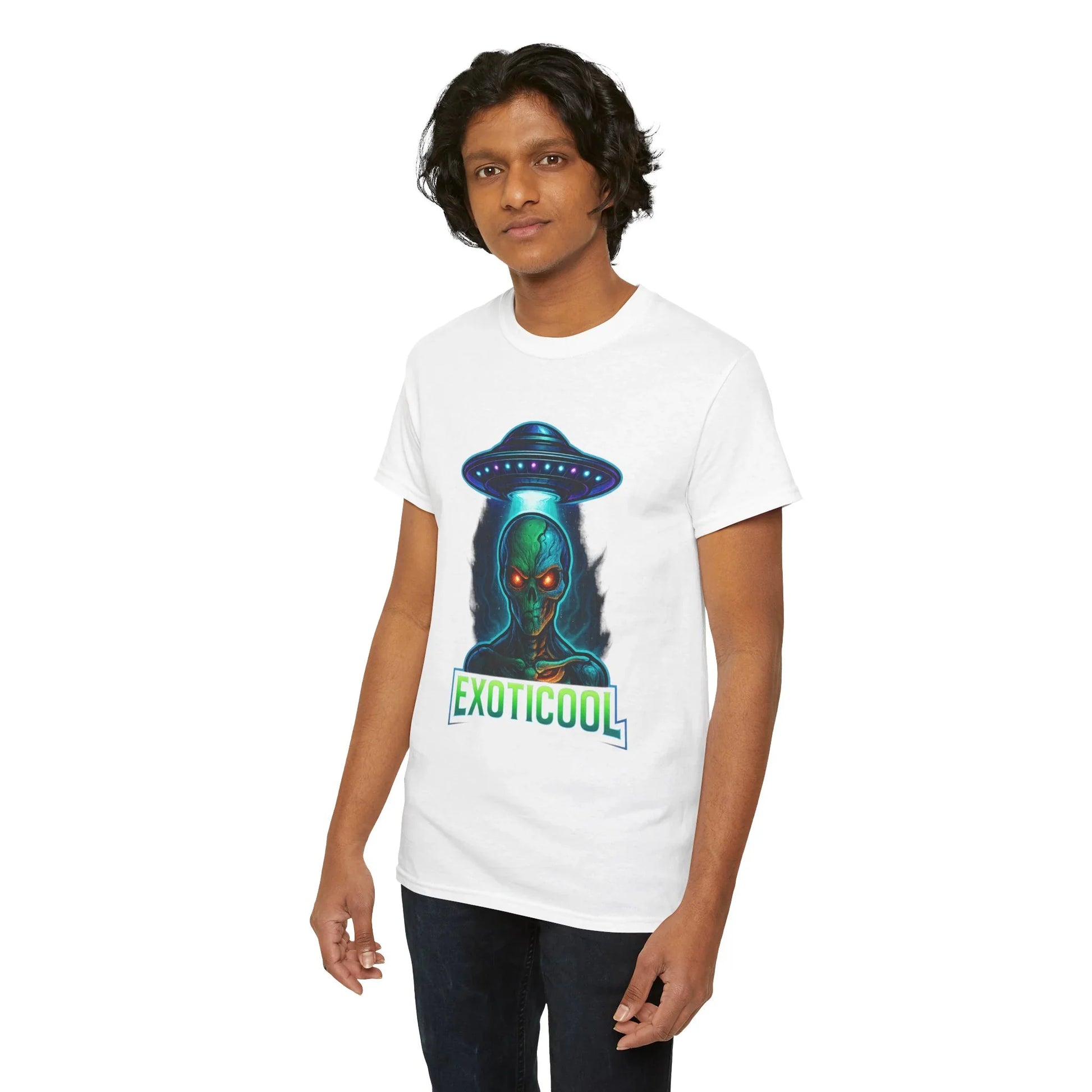 Man wearing white t-shirt with green alien UFO EXOTICOOL graphic design