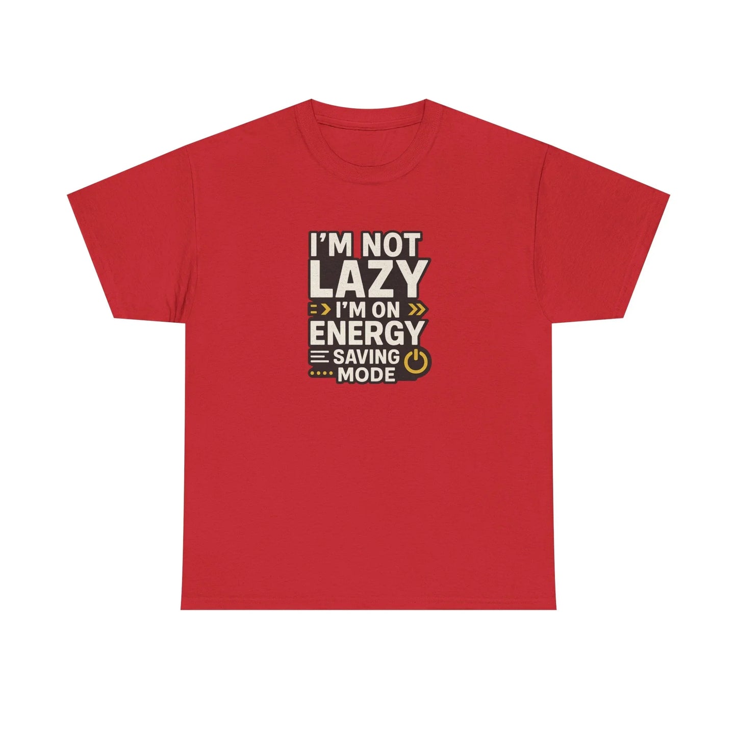 Red t-shirt with 'I’m not lazy, I’m on energy saving mode' text graphic
