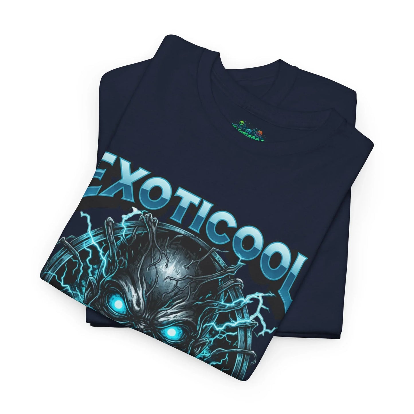 Navy blue EXOTICOOL graphic t-shirt with glowing robotic face and electric neon design