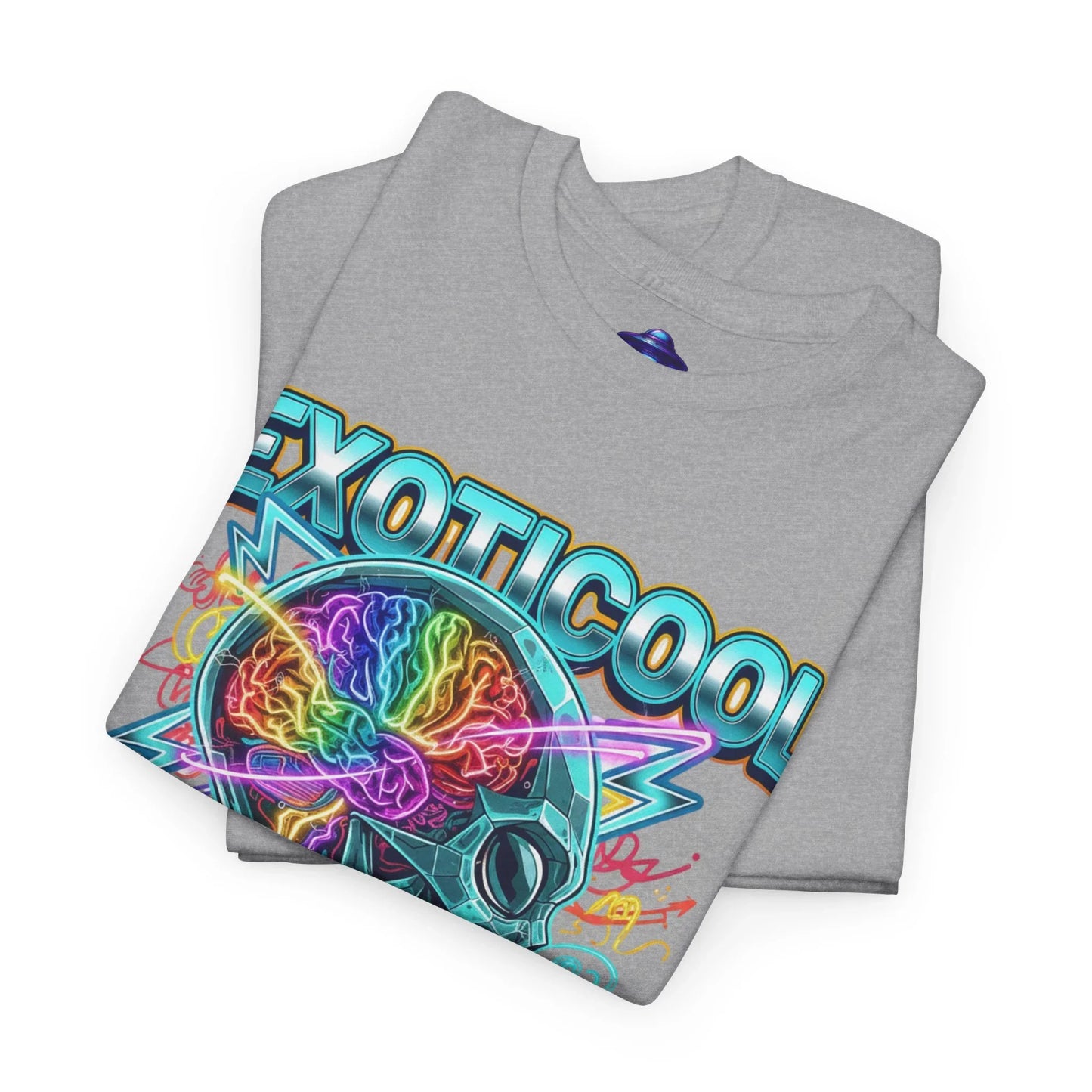 Grey EXOTICOOL t-shirt with colorful neon brain and sci-fi helmet graphic design
