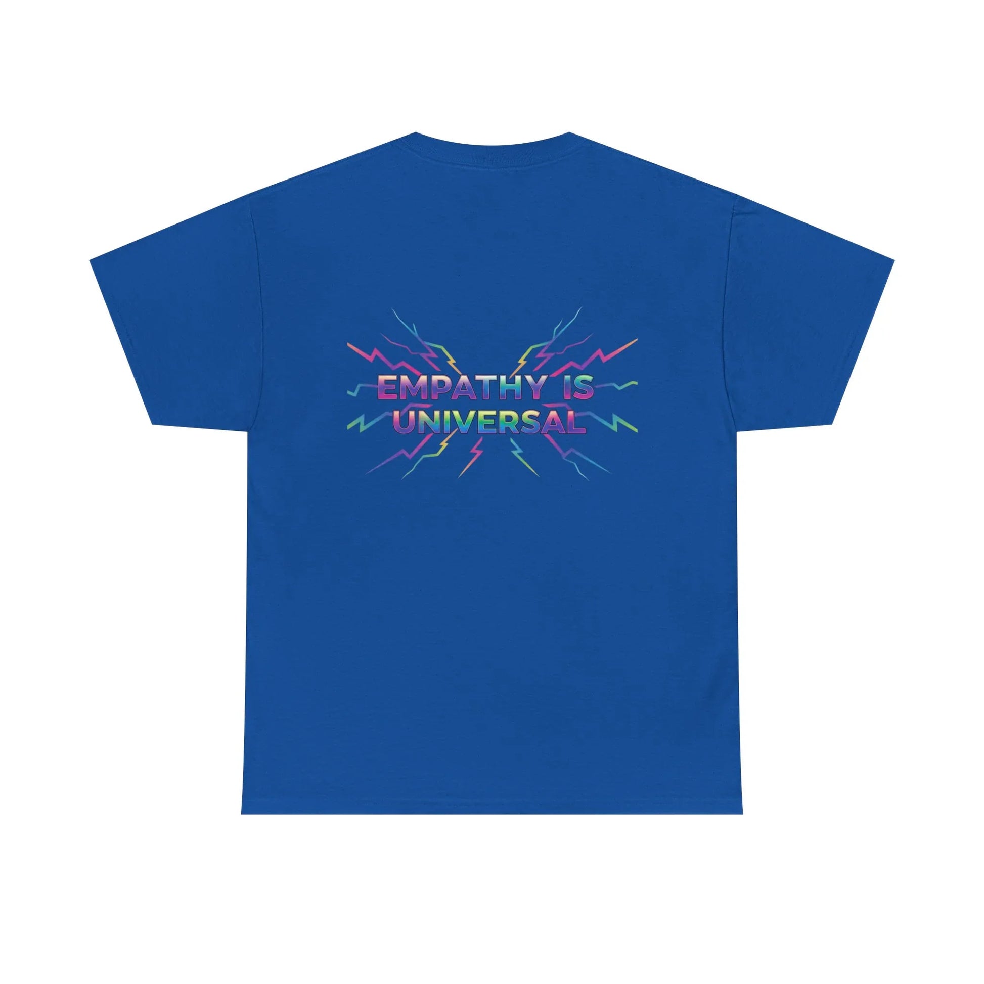 Blue t-shirt with 'Empathy is Universal' and colorful lightning bolt graphic on back