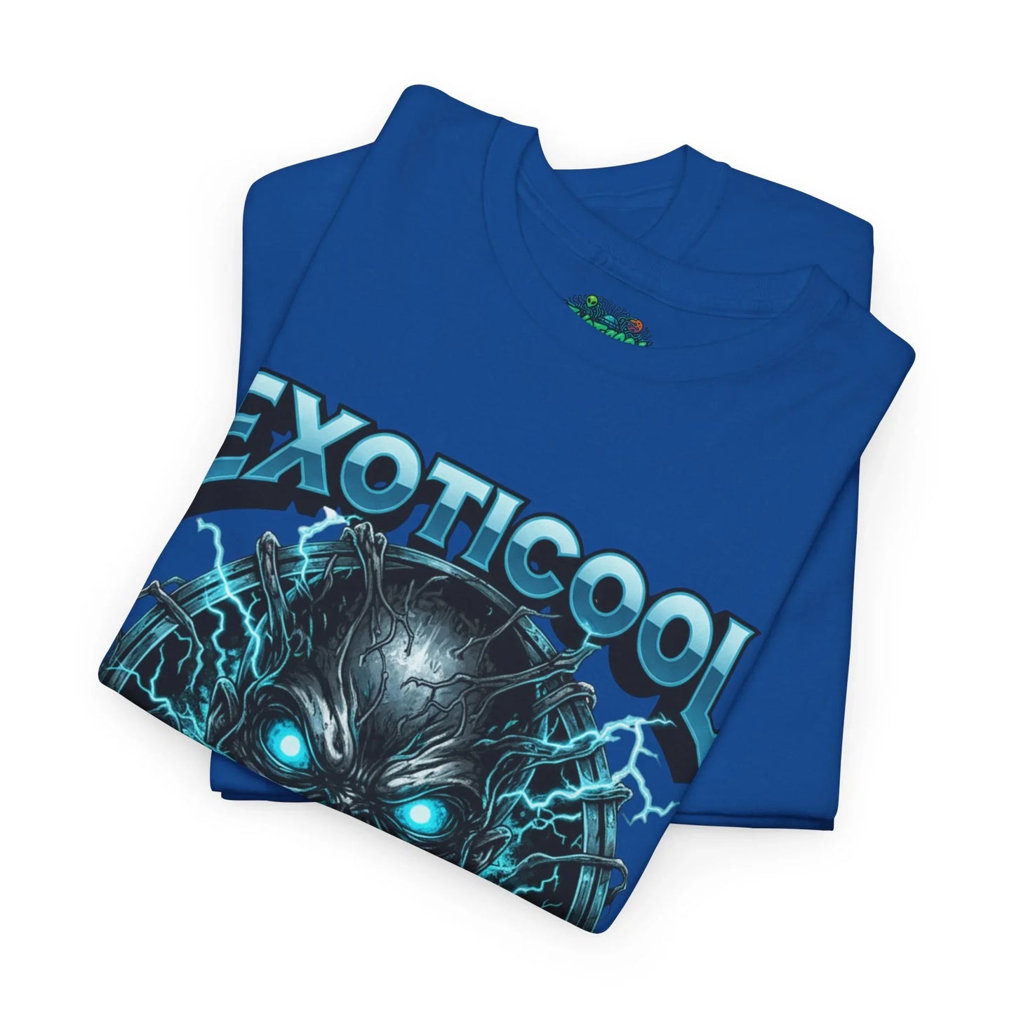 Blue EXOTICOOL t-shirt with glowing cyber skull and electric graphic design