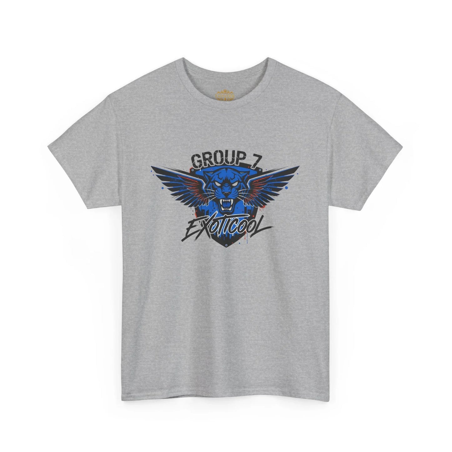 Gray t-shirt with blue panther and wings graphic, Group 7 Exoticool text design