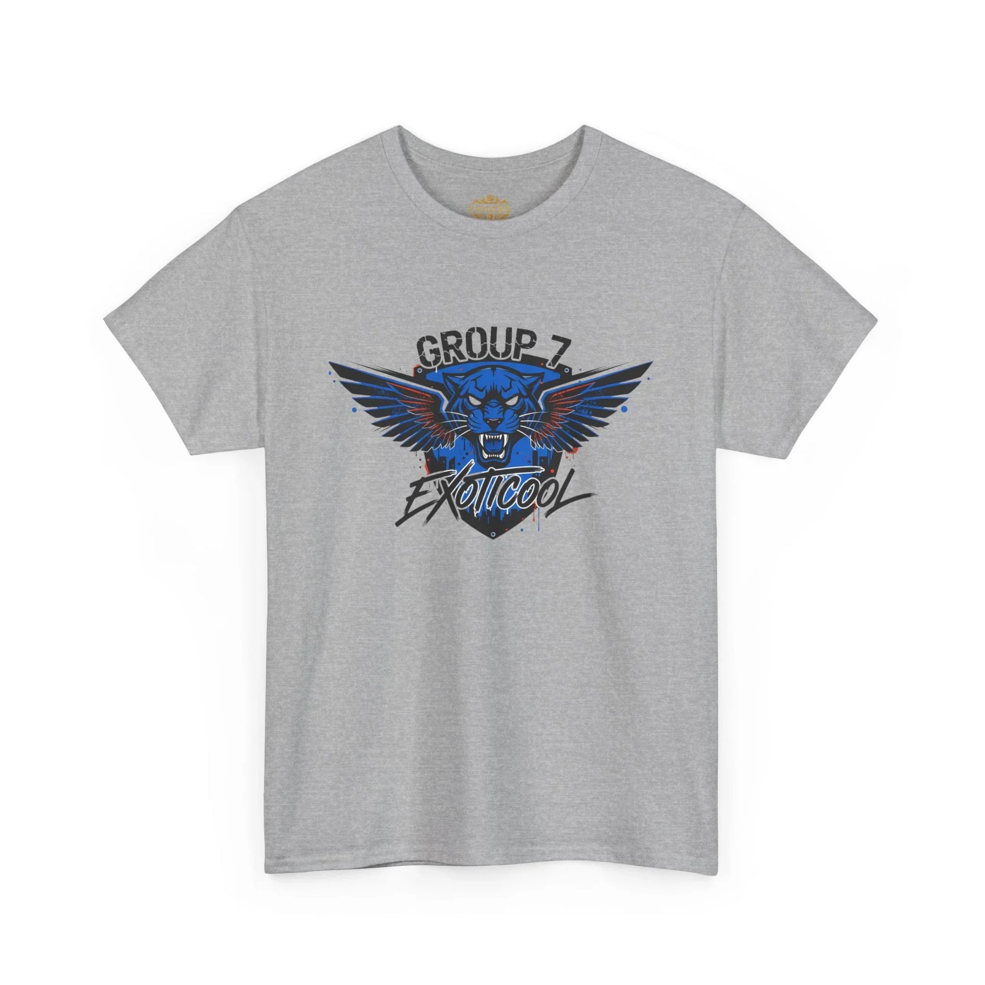 Gray t-shirt with blue panther and wings graphic, Group 7 Exoticool text design