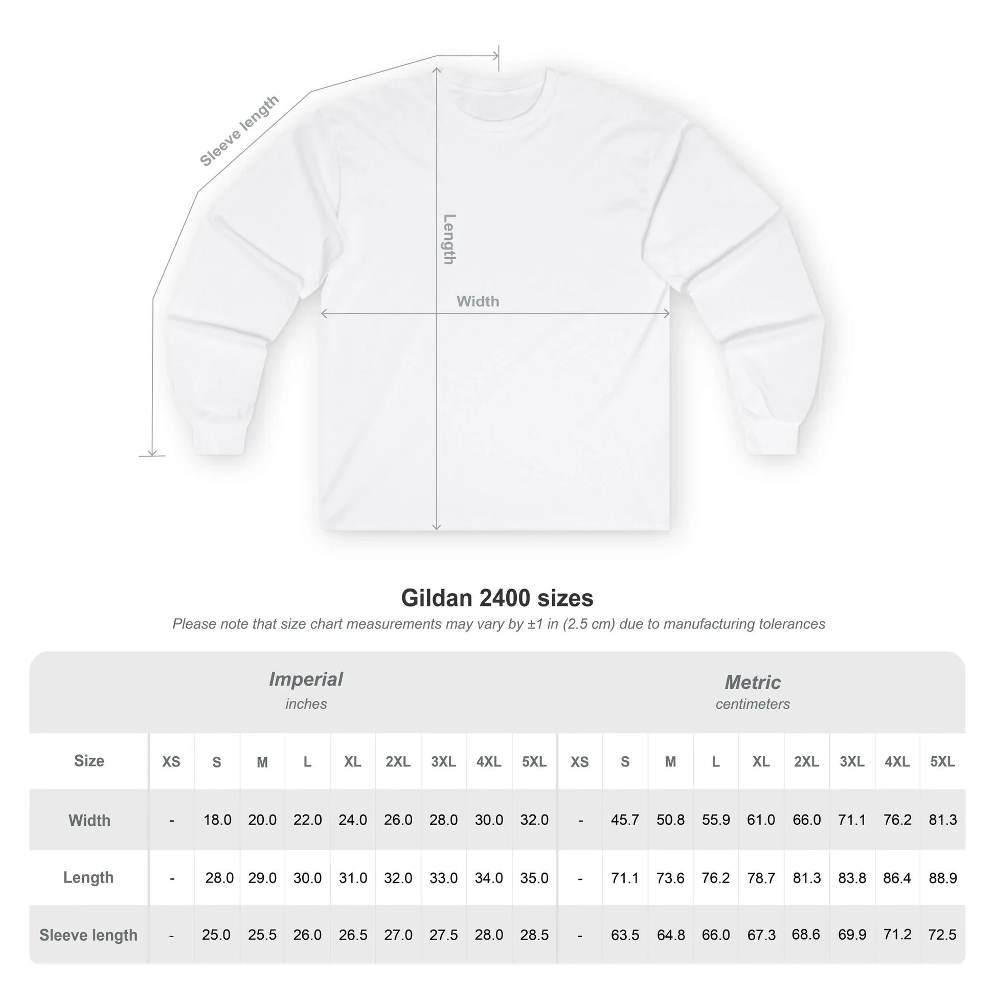 Gildan 2400 size chart with imperial and metric measurements for long sleeve shirt