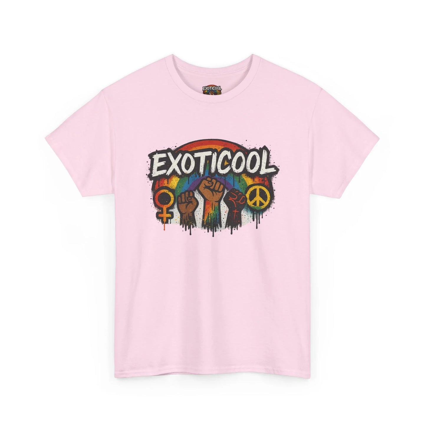 Light pink EXOTICOOL t-shirt with rainbow, raised fists, gender and peace symbols