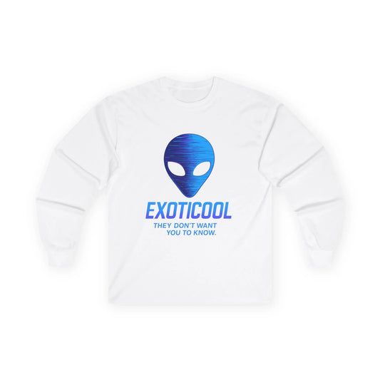 White long sleeve shirt with blue alien head and EXOTICOOL text graphic