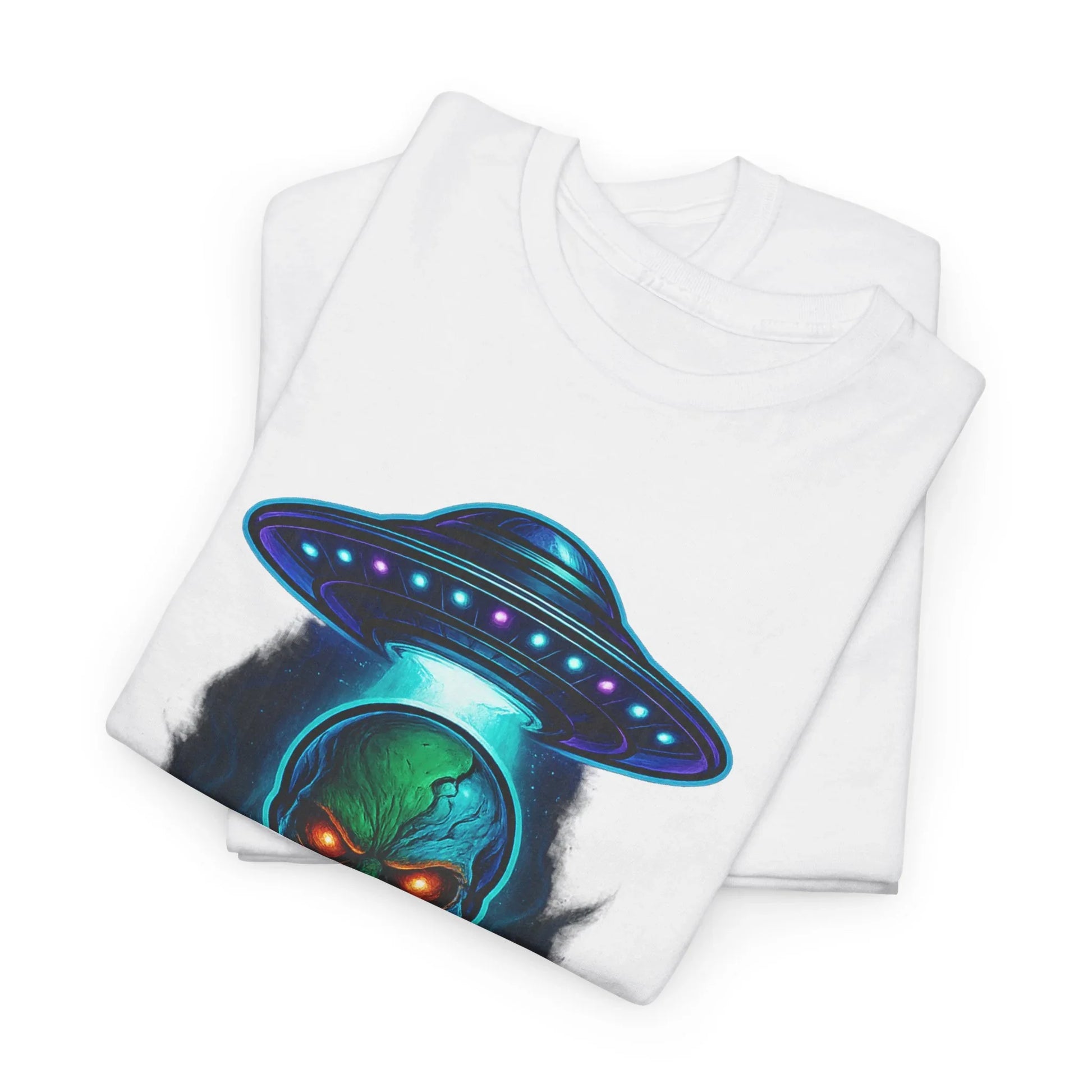 White t-shirt with neon UFO and alien graphic design, folded on white background