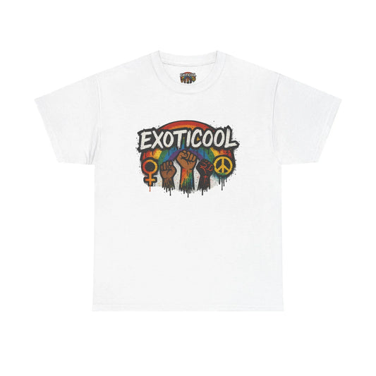 White EXOTICOOL t-shirt with rainbow, raised fists, female and peace symbols graphic