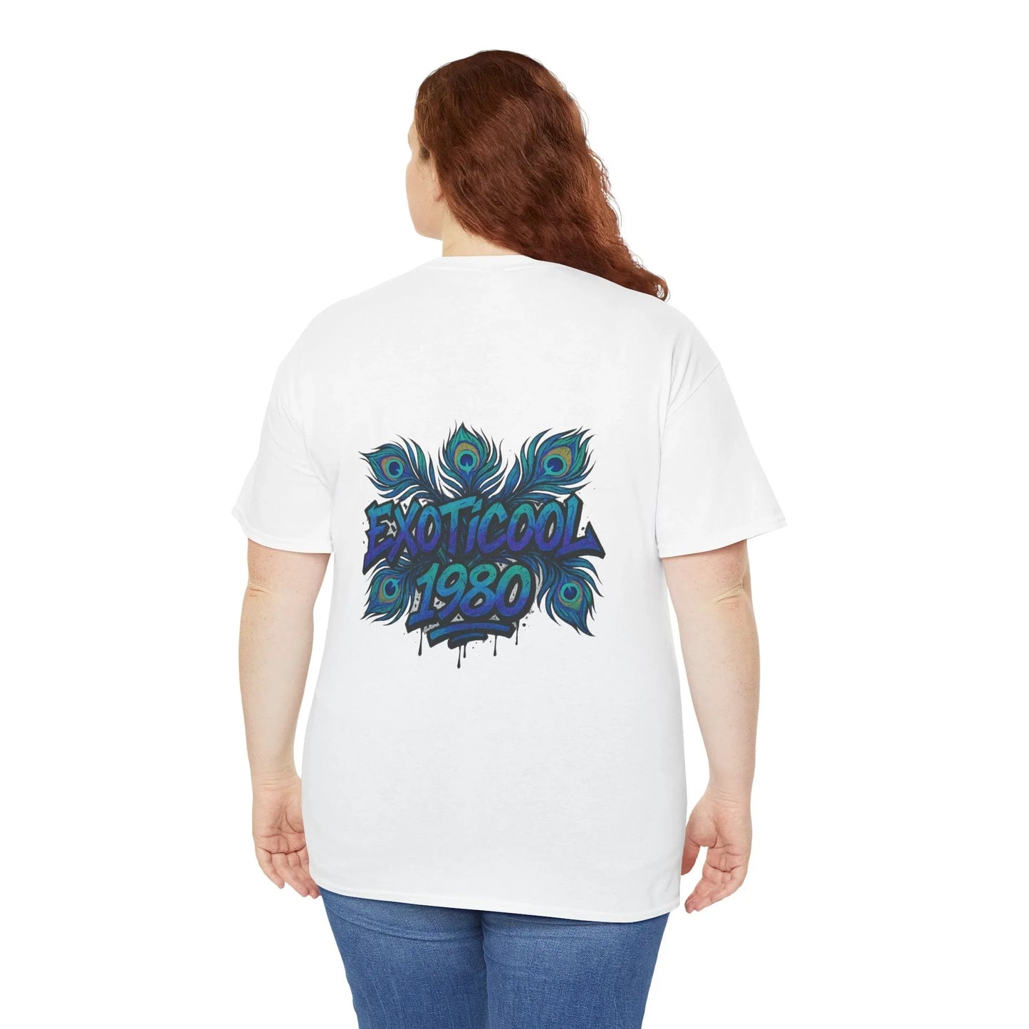 Woman wearing white t-shirt with Exoticool 1980 peacock feather graphic on back