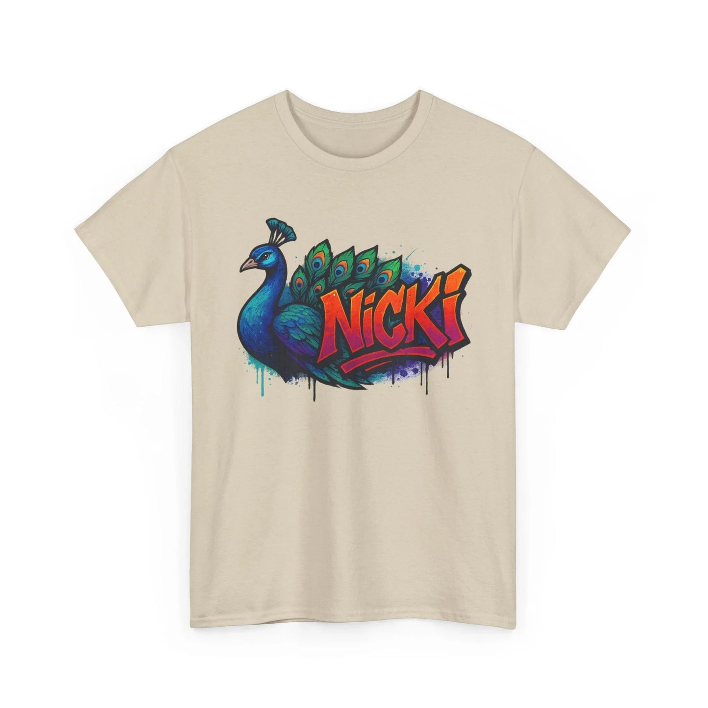 Beige t-shirt with colorful graffiti peacock and Nicki text graphic design