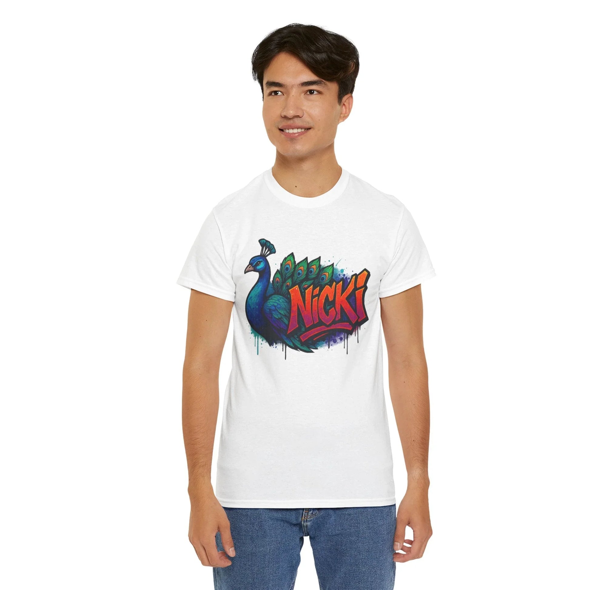 Man wearing white t-shirt with colorful peacock and Nicki graphic print