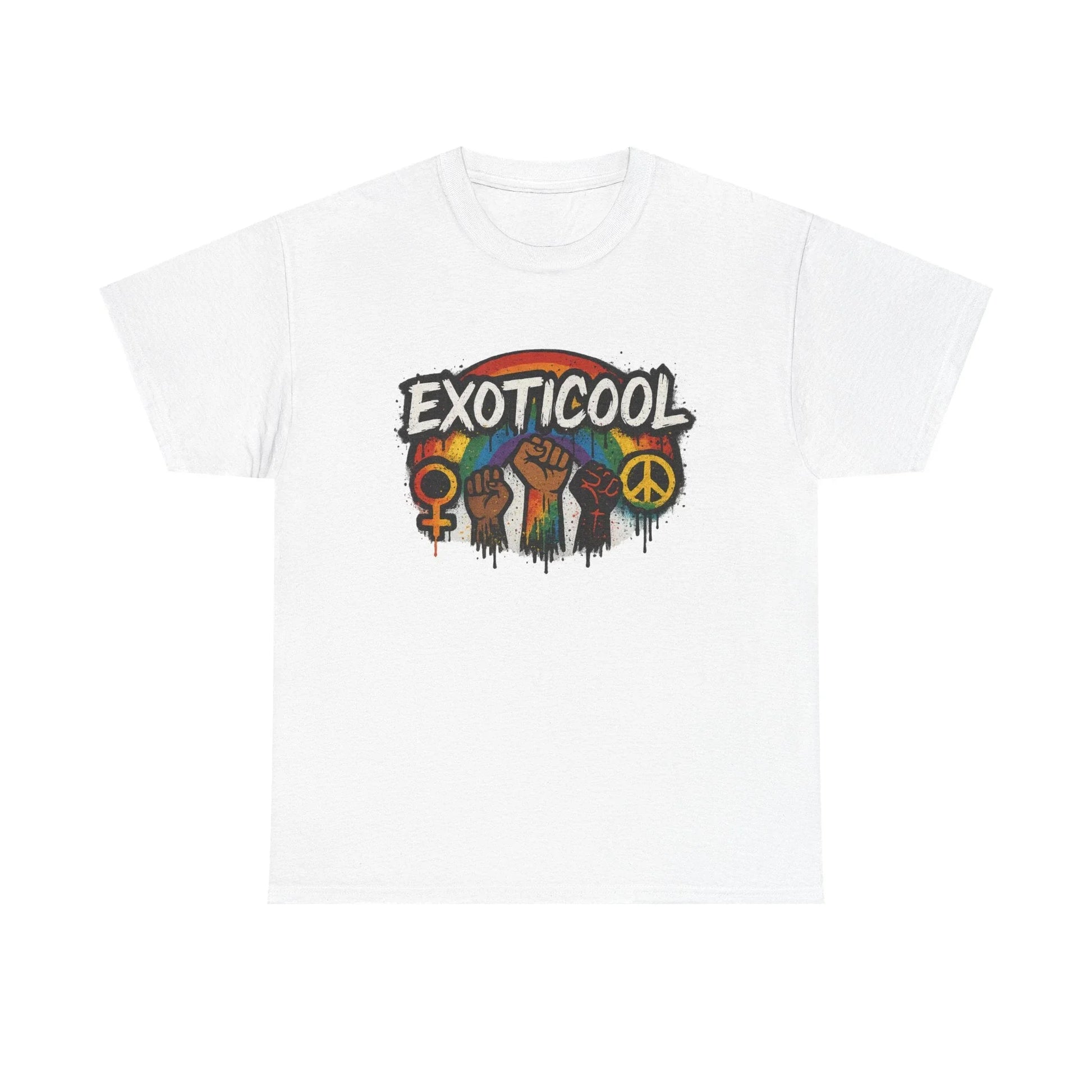 White EXOTICOOL t-shirt with rainbow, raised fists, peace, and gender symbols graphic