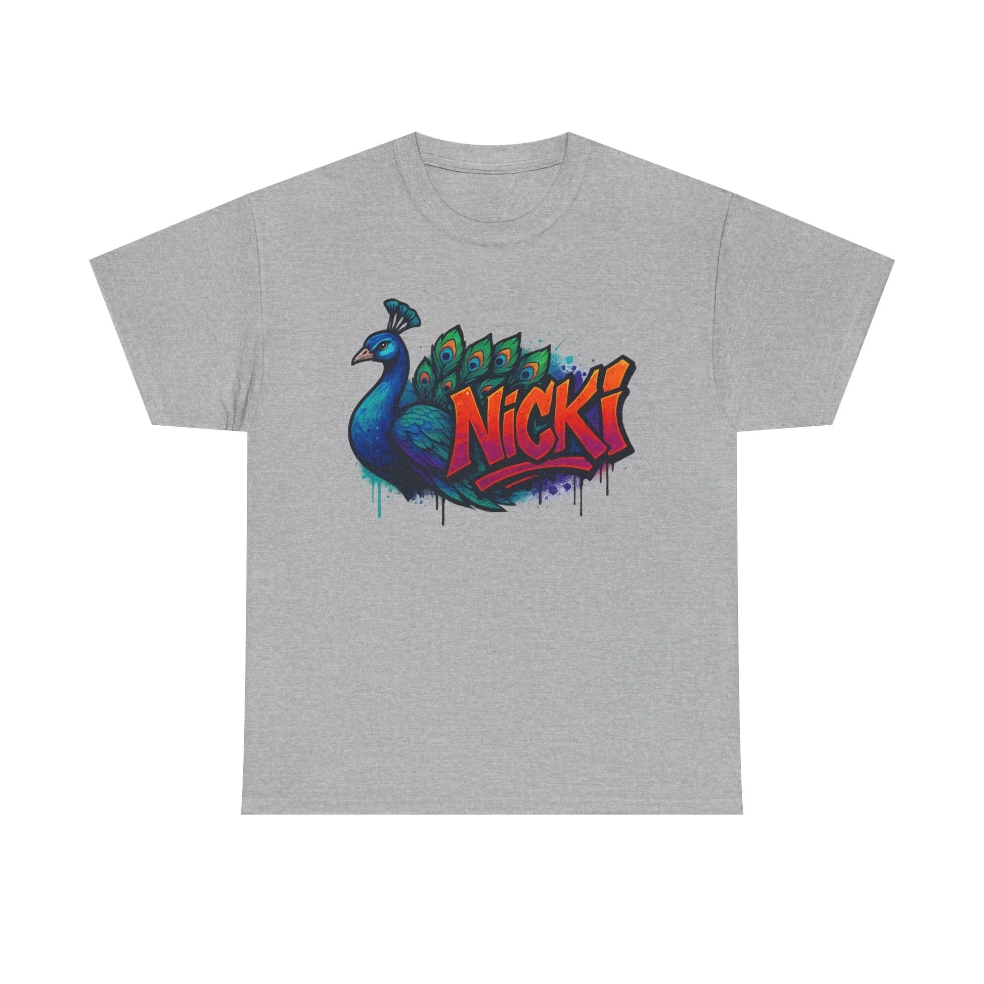 Gray t-shirt with colorful peacock and bold Nicki graffiti art design