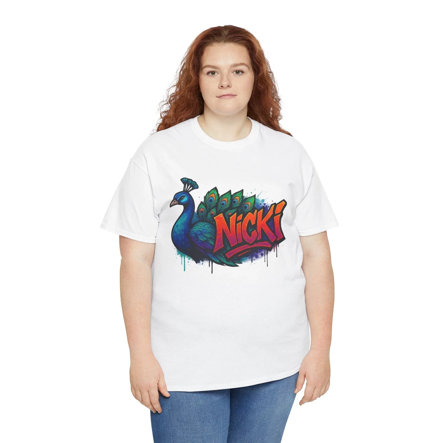 Woman in white t-shirt with colorful peacock and Nicki graffiti design, casual fashion