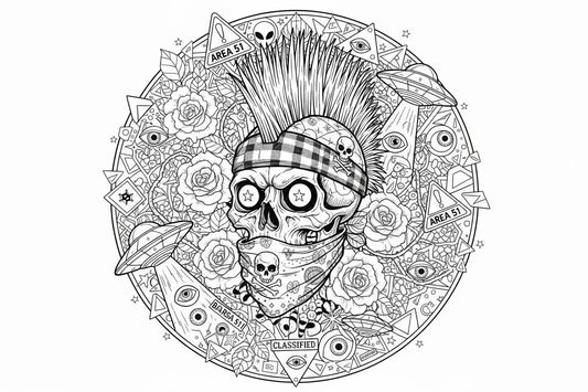 Punk skull with mohawk, UFOs, Area 51 signs, roses, and eyes in detailed black and white art