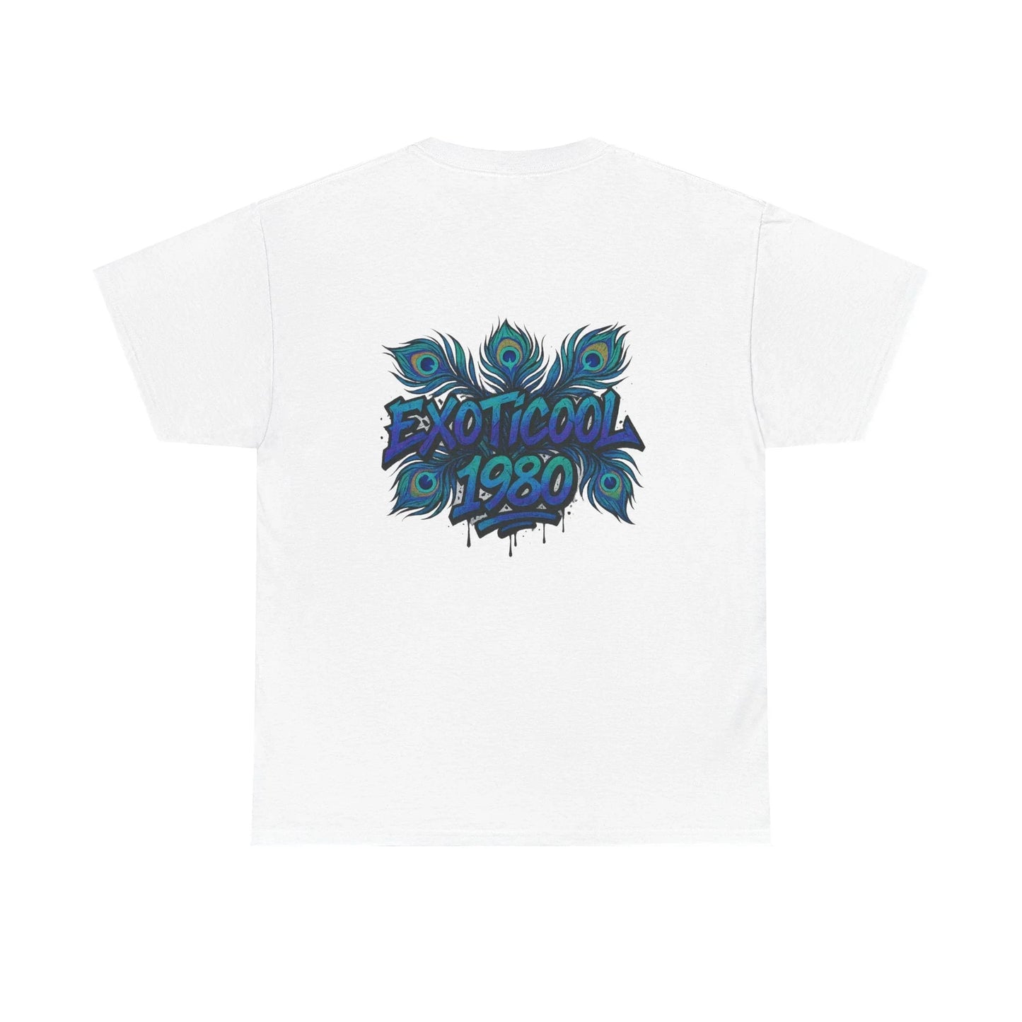 White t-shirt with EXOTICOOL 1980 blue graffiti and peacock feather graphic on back