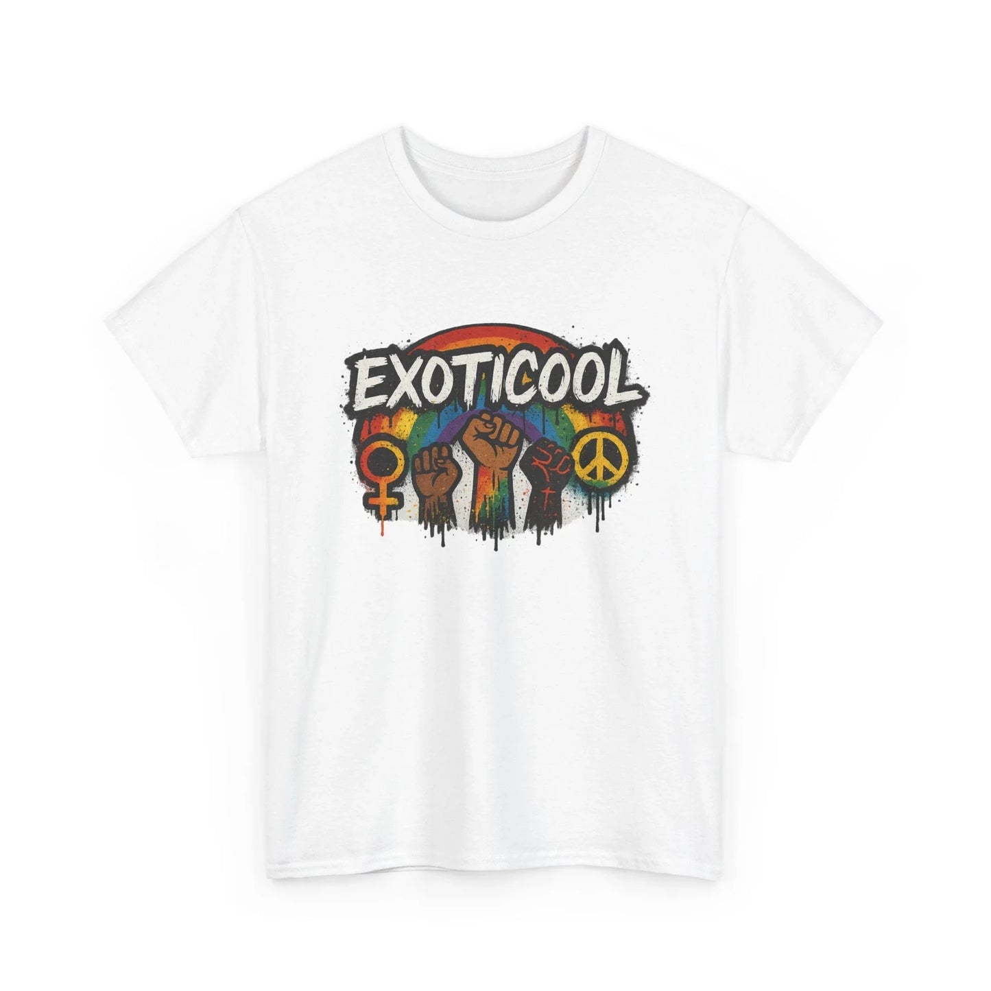 White EXOTICOOL t-shirt with rainbow fist graphic, peace and gender symbols, unisex design