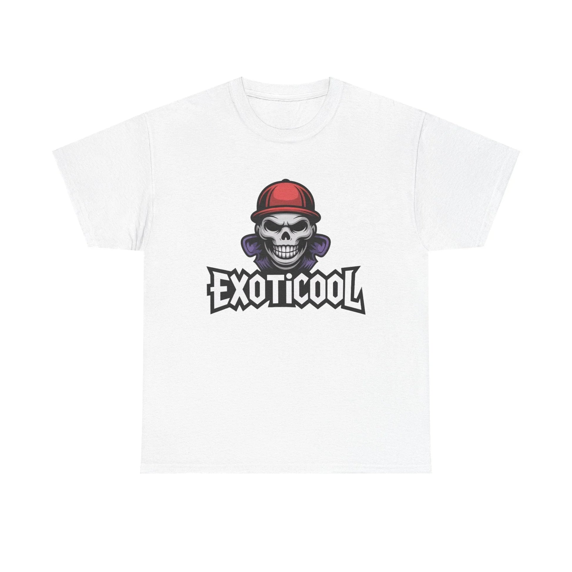 White t-shirt with EXOTICOOL logo and skull in a red cap graphic print