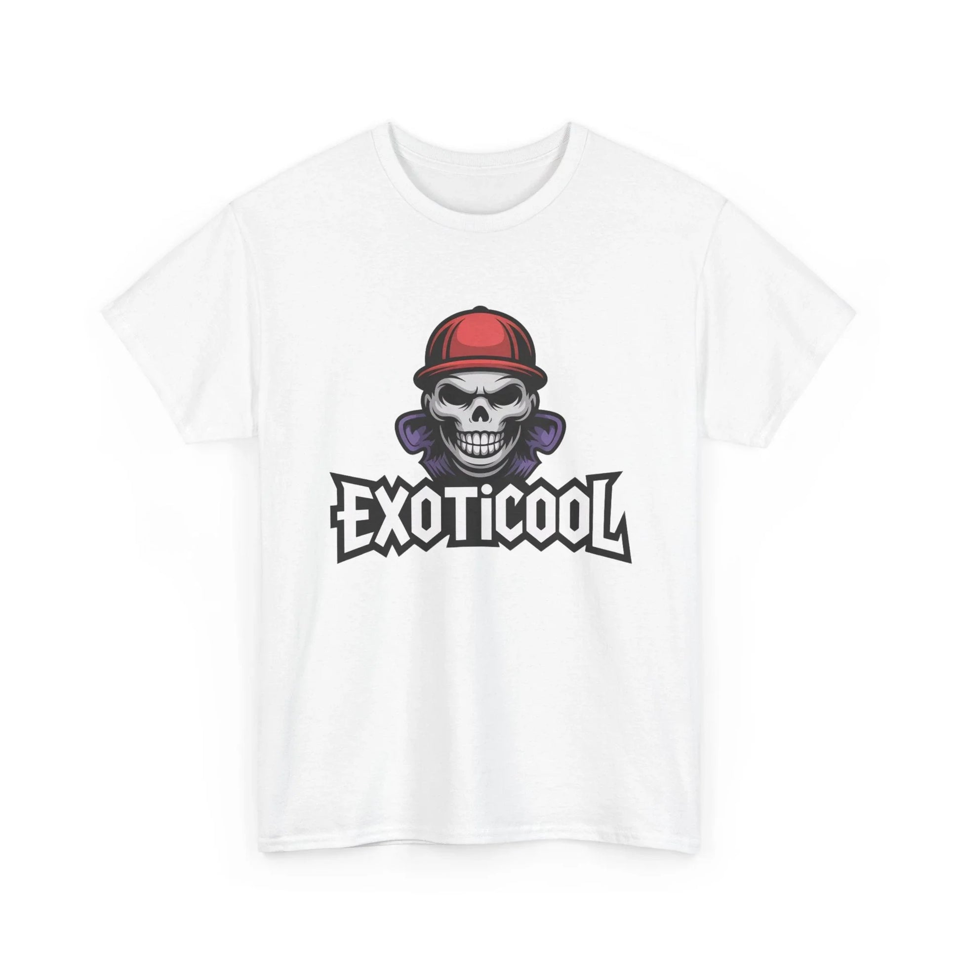 White EXOTICOOL t-shirt with skull in red cap and bold streetwear graphic