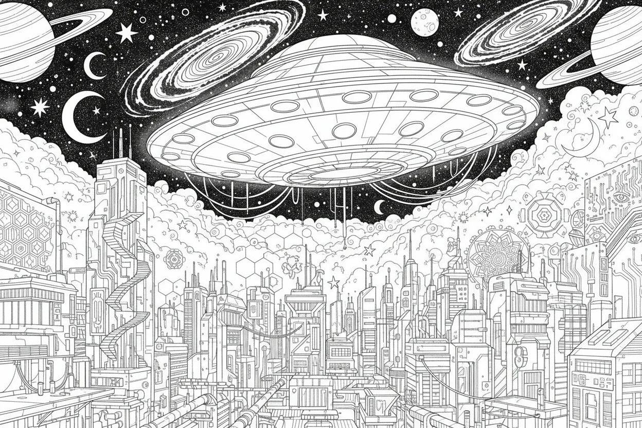 UFO spaceship hovering over futuristic city skyline with planets and stars in the night sky