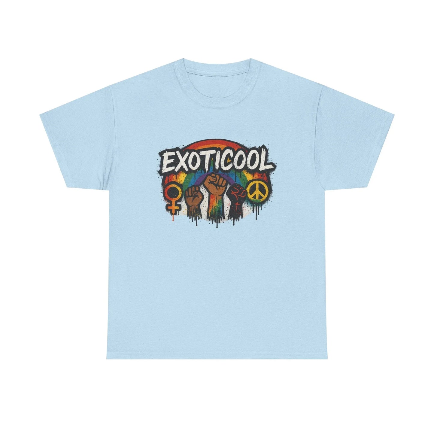 Light blue EXOTICOOL t-shirt with rainbow, raised fists, peace and gender symbols graphic