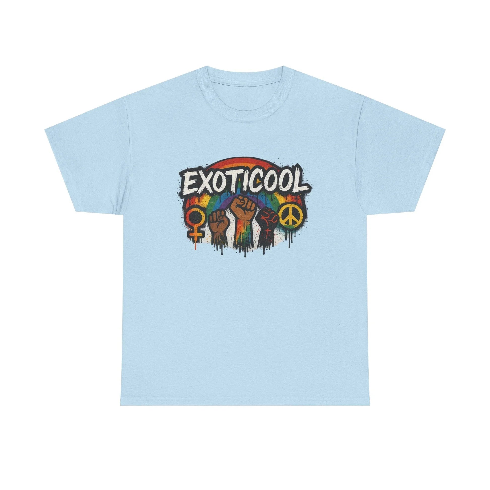 Light blue EXOTICOOL t-shirt with rainbow, raised fists, peace and gender symbols graphic