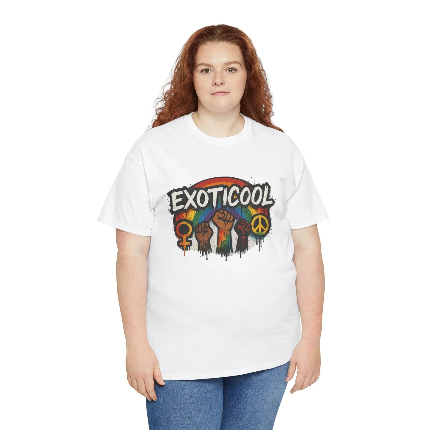 Woman wearing white EXOTICOOL graphic T-shirt with rainbow, fists, symbols; casual fashion
