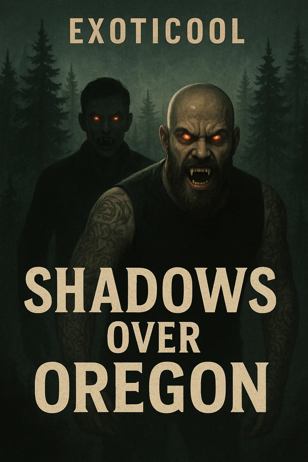 Shadows Over Oregon horror poster with menacing figures and glowing eyes in a dark forest