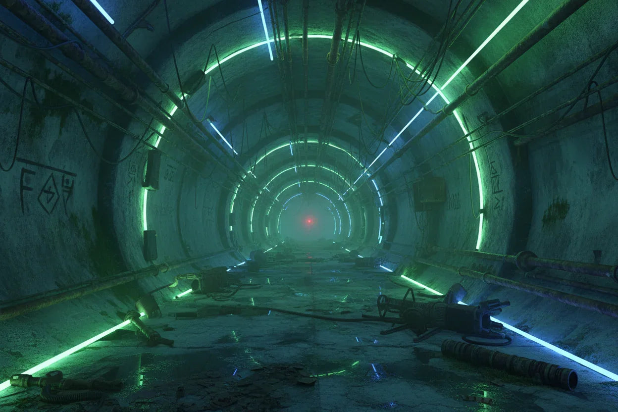 Futuristic tunnel with neon green and blue lights, scattered debris, and sci-fi atmosphere