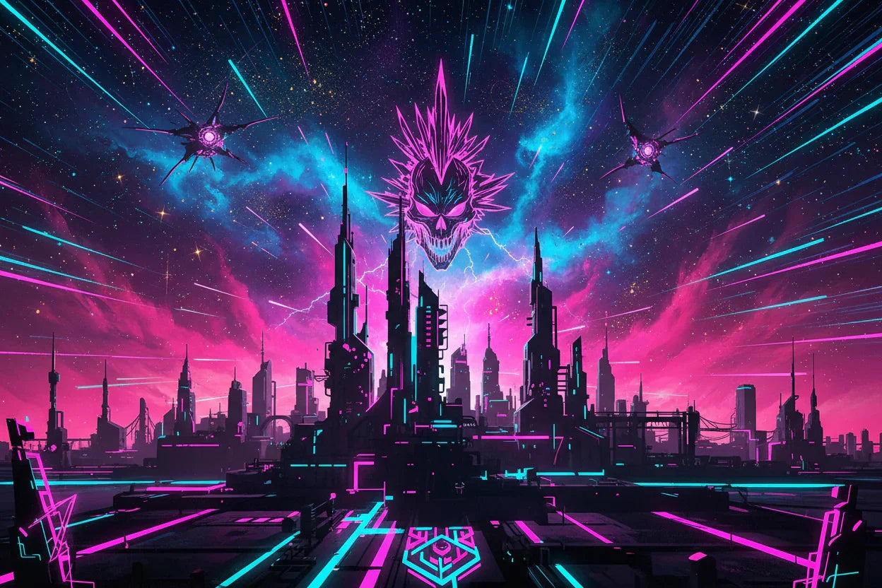 Futuristic cyberpunk city skyline with neon pink and blue lights, digital skull in the sky
