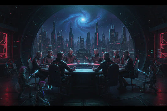 Cyberpunk council meeting in futuristic cityscape with neon lights and galaxy skyline